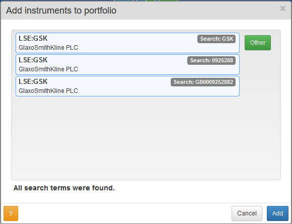 ShareScope add instruments to portfolio menu