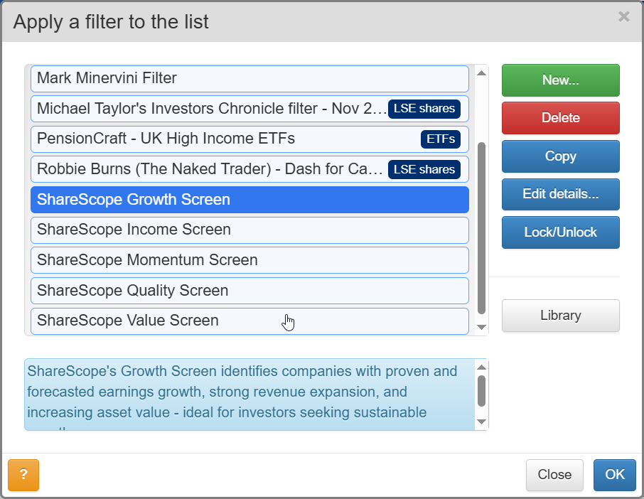 ShareScope stock screening guru library