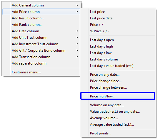 ShareScope: Price high/low dialog